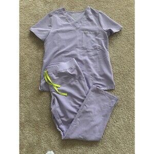 Figs Lavender Short Sleeve Scrub Top with Neon Yellow Drawstring Accents